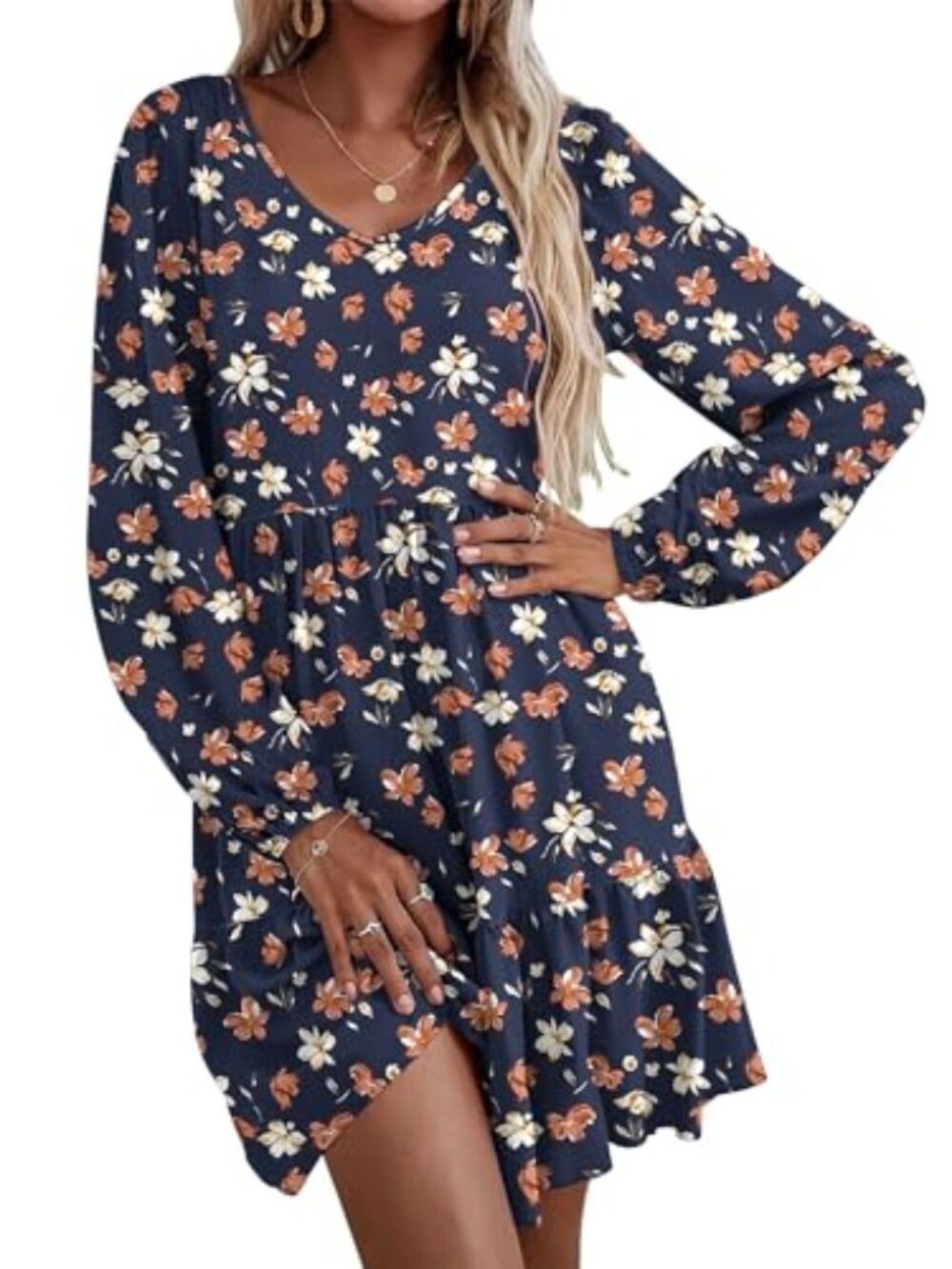 🆕 Women Casual A Line Dress V Neck Tiered Dress Long Sleeve Tunic Dress with